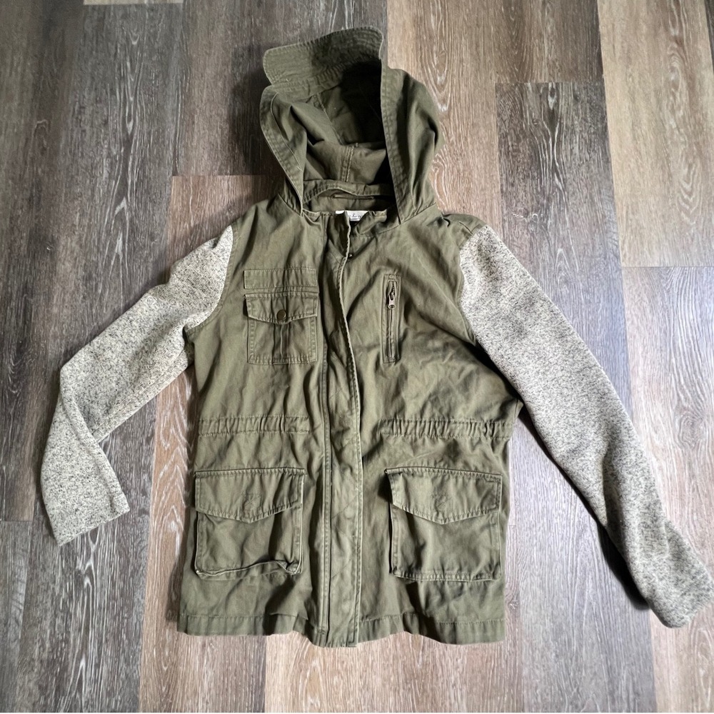 Olive & Oak Utility Jacket Womens Medium Green Mixed Media Knit Sleeve Hooded
